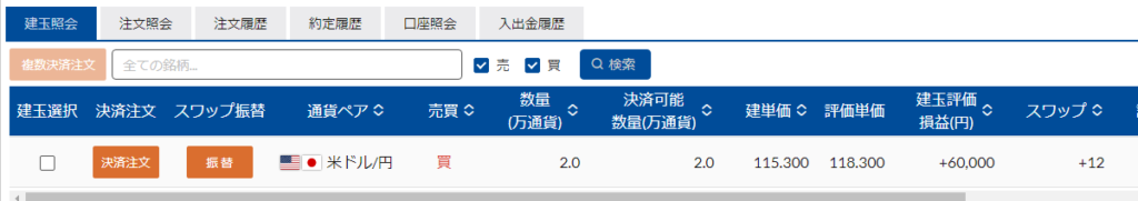 松井証券FXのデモトレードの照会画面